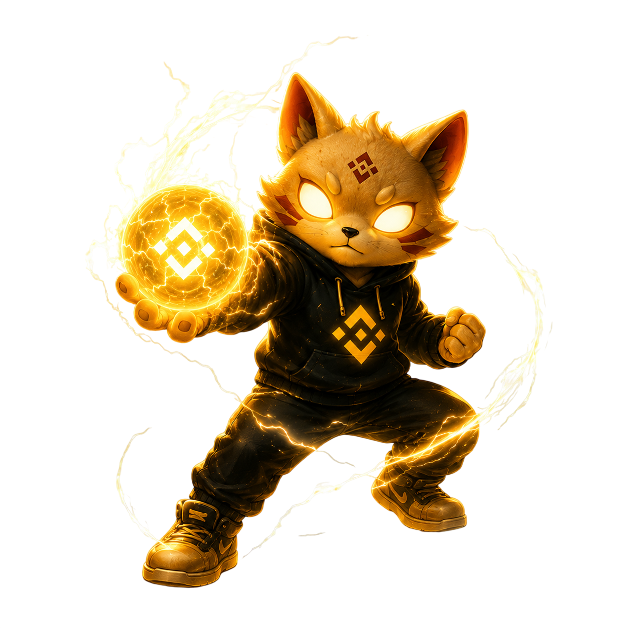 POWER mascot holding energy orb